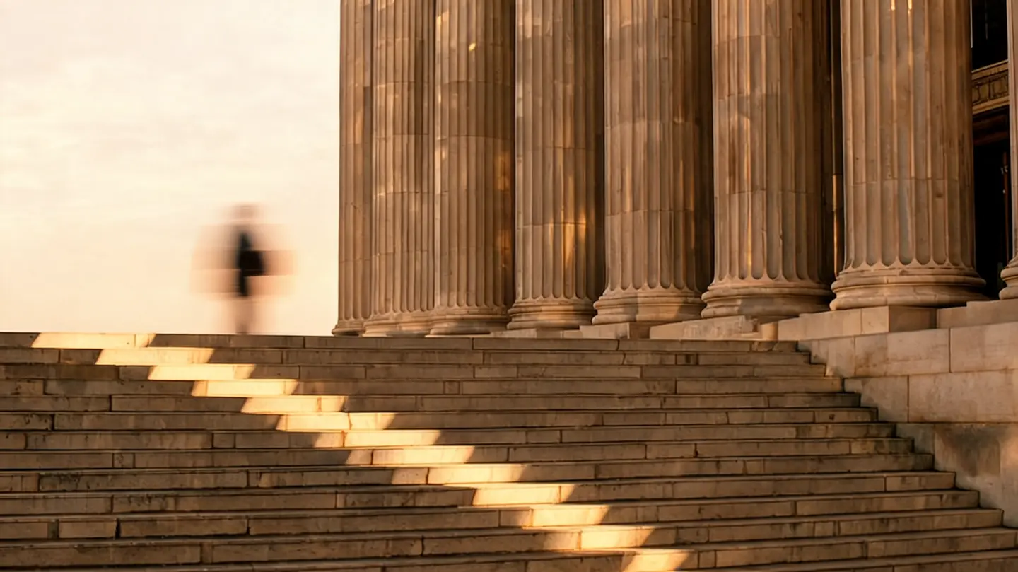 A person with a folder hurrying up the stone steps of a classical building